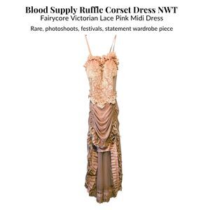 Ruffle Corset Dress NWT | Fairycore Victorian Lace Pink Midi Dress, Small